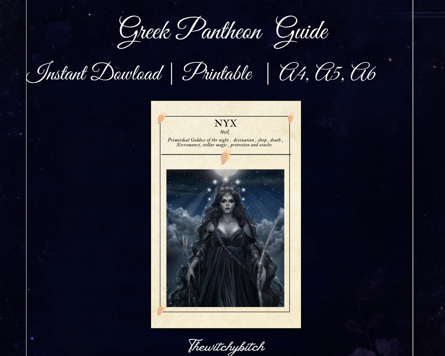 Mini Guide to the goddess Nyx , book of shadows ,Grimour pages , study book  , Digital Download