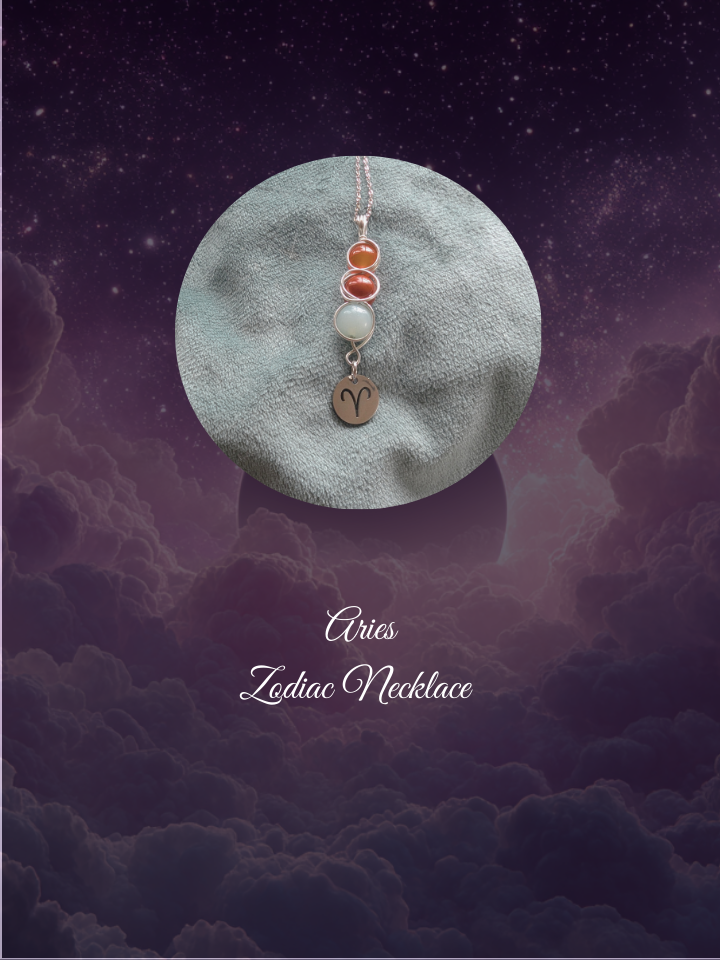 Aries Zodiac necklace on a textured surface with a starry night sky background
