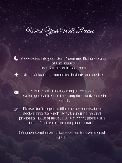 Purple cosmic background with clouds and starry sky, featuring moon, star, envelope and note icons beside decorative text about what the  " Big three astrology reading" includes.