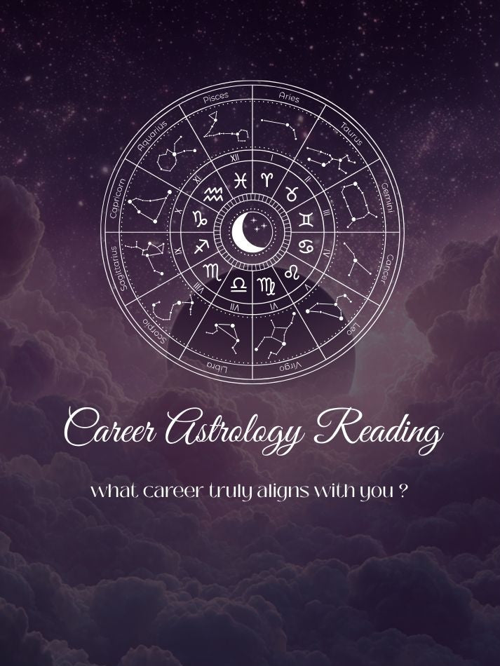 Zodiac wheel illustration with constellations and a central moon symbol over a purple star-filled sky above soft clouds, with the text “ Career astrology reading”.