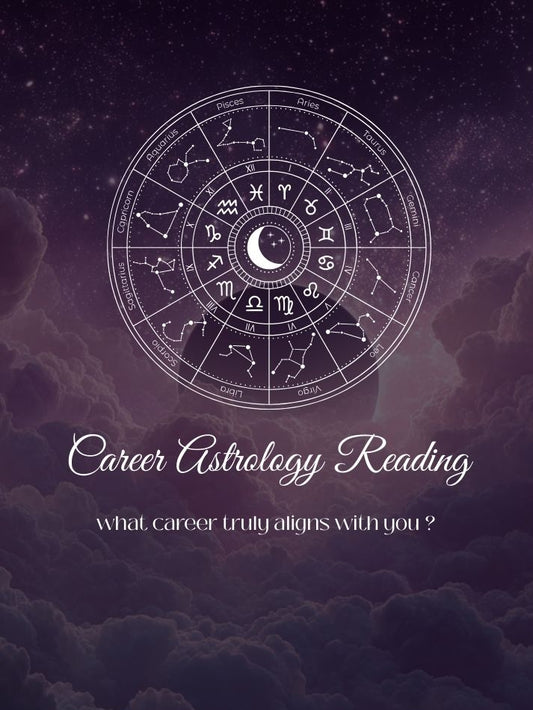 Zodiac wheel illustration with constellations and a central moon symbol over a purple star-filled sky above soft clouds, with the text “ Career astrology reading”.