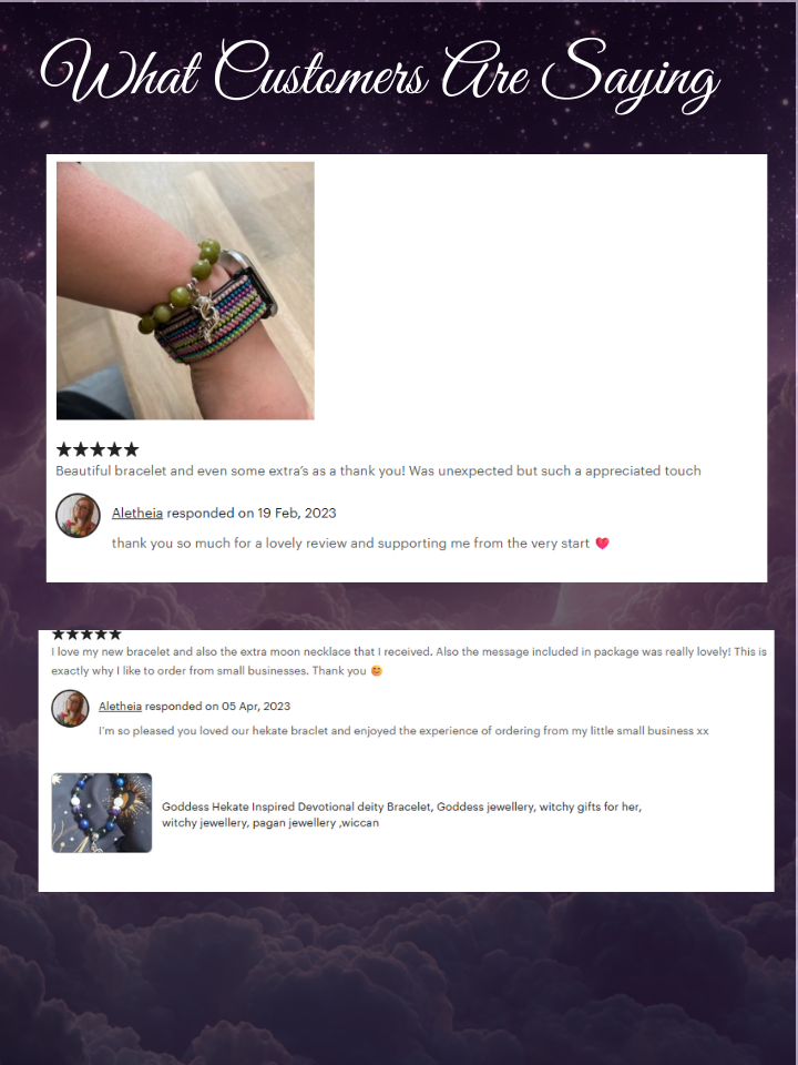 Product review section with customer testimonials and a bracelet on a dark background