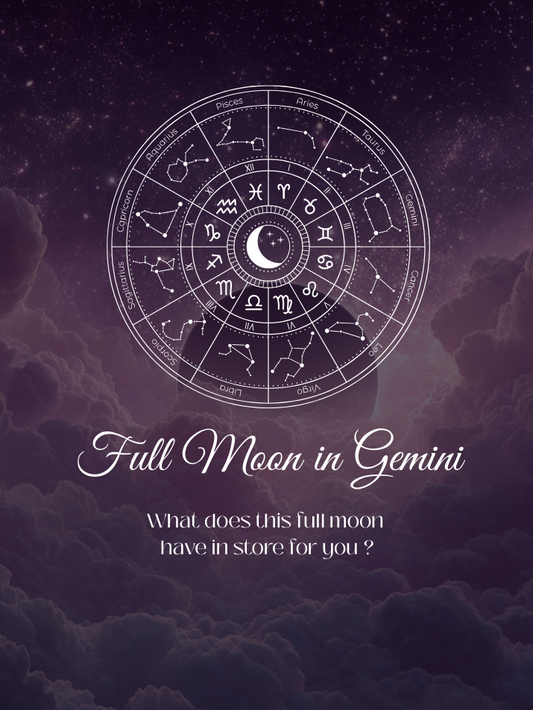 Zodiac wheel illustration with constellations and a central moon symbol over a purple star-filled sky above soft clouds, with the text “Full Moon in Gemini”.