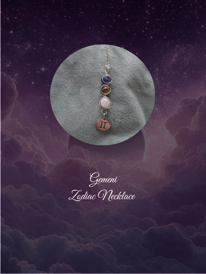 Gemini Zodiac necklace on a textured surface with a starry sky background