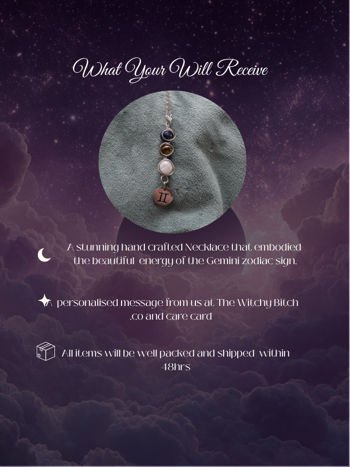 Necklace on a cloud with a mystical background, featuring text about the product and services offered.