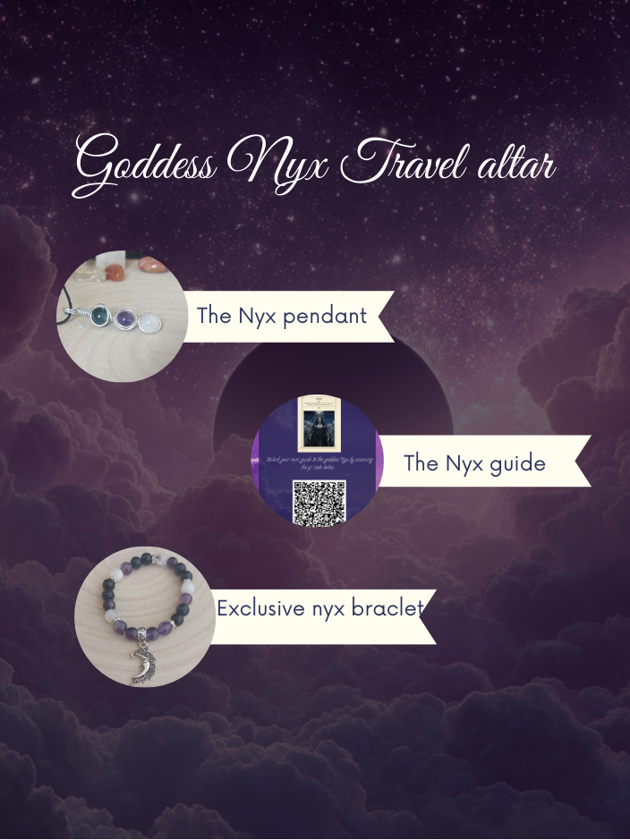 Goddess Nyx Travel altar set with Nyx pendant, guide, and bracelet on a dark background.