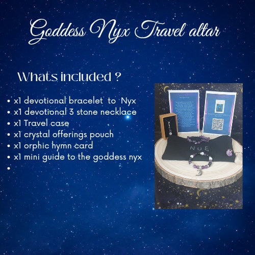 Goddess Nyx travel altar set  contents list with a starry night background