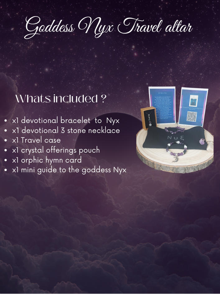 Goddess Nyx travel altar set  contents list with a starry night background