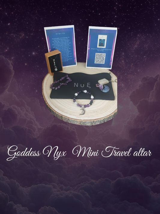 Goddess Nyx Mini Travel altar with jewelry and cards on a cloud background