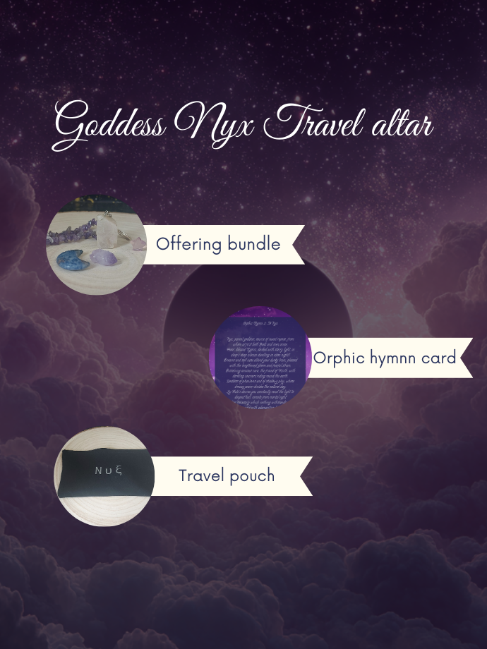 Goddess Nyx Travel altar set with offering bundle , travel case and hymn card on a purple cloud background