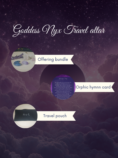 Goddess Nyx Travel altar set with offering bundle , travel case and hymn card on a purple cloud background