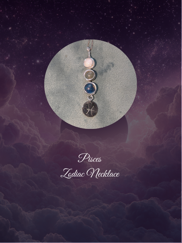 Pisces Zodiac necklace on a celestial background with stars and clouds.