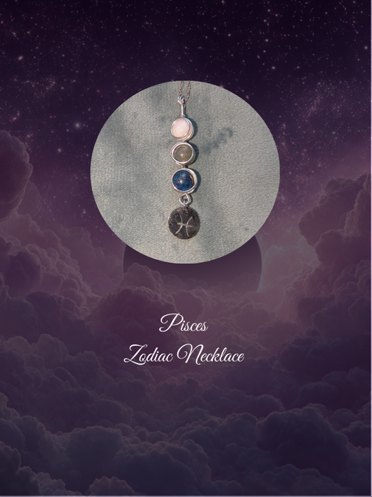 Pisces Zodiac necklace on a celestial background with stars and clouds.