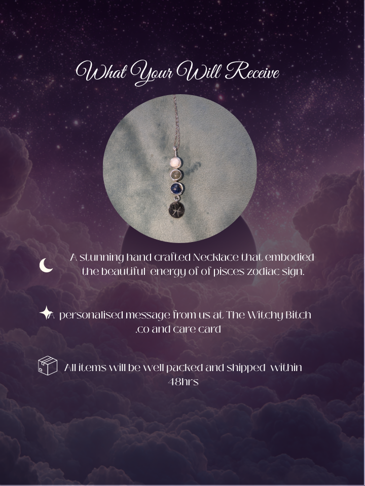 Necklace with stones on a celestial background with text about product details.