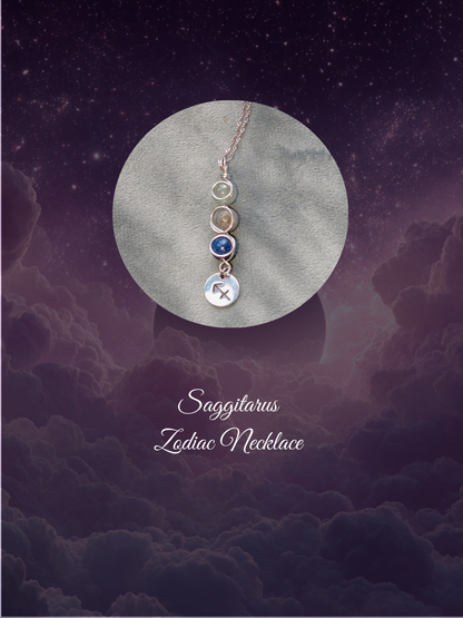 Sagittarius Zodiac necklace on a cloud and starry night sky background