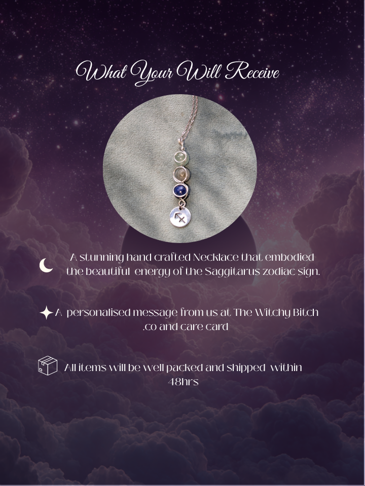 Saggitarus zodiac Necklace with stones on a purple cloud background, featuring text about product details.