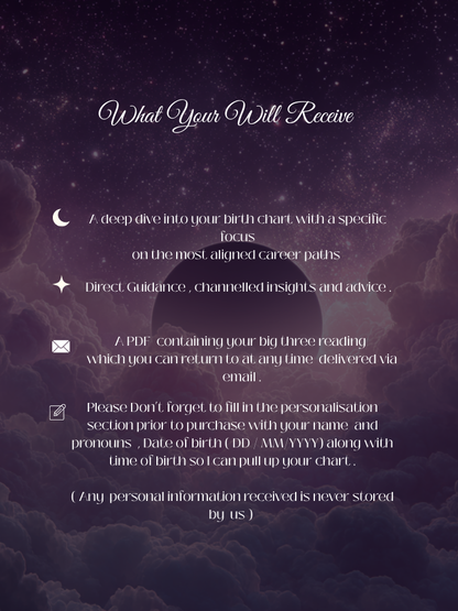 Purple cosmic background with clouds and starry sky, featuring moon, star, envelope and note icons beside decorative text about what the  career astrology reading includes.