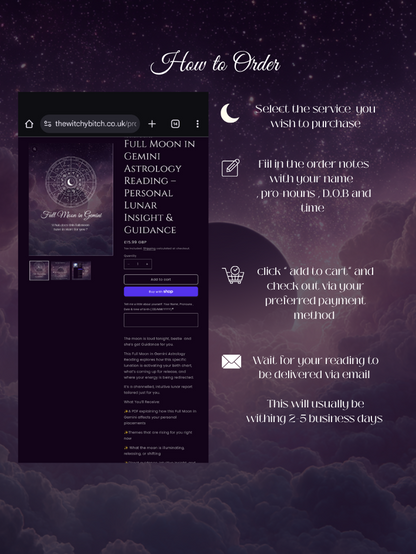 Purple starry background with text listing .Instructions for ordering a  " A big  3 astrology  ' reading 