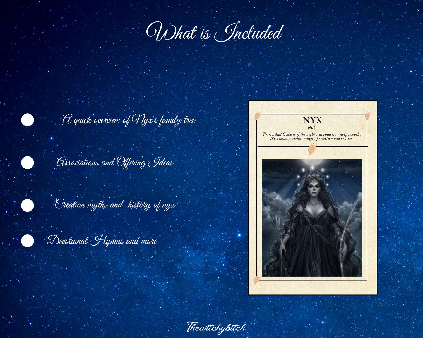 Mini Guide to the goddess Nyx , book of shadows ,Grimour pages , study book , Digital Download