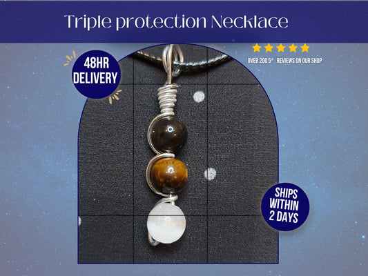Handmade wire wrapped triple protection crystal necklace , perfect crystal gift for her birthday, minimalist crystal necklace